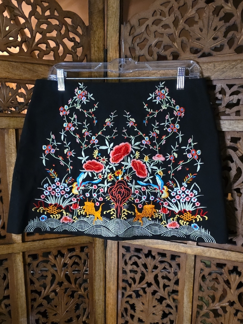 Zara Black Mini Skirt with Colorful Floral Embroidery